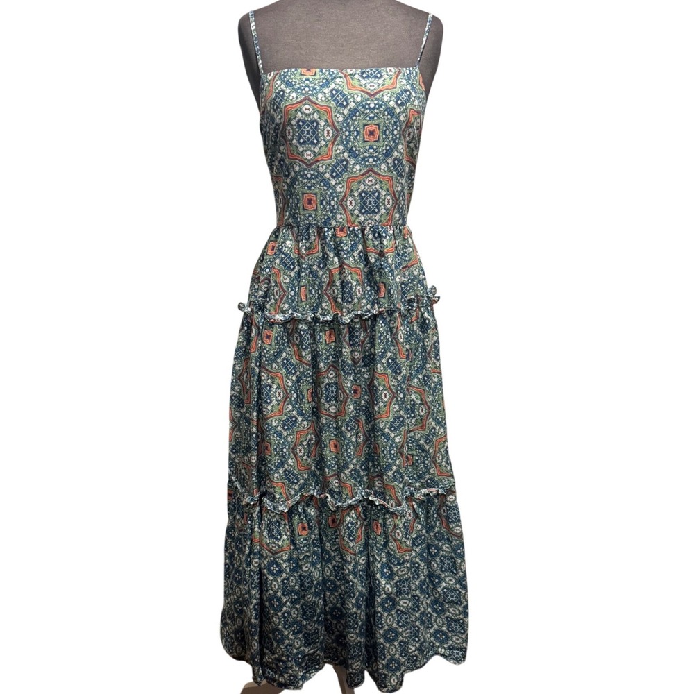 Cara Cara 100% Cotton Tiered Maxi Dress Blue Orange Tile Print Open Back Women